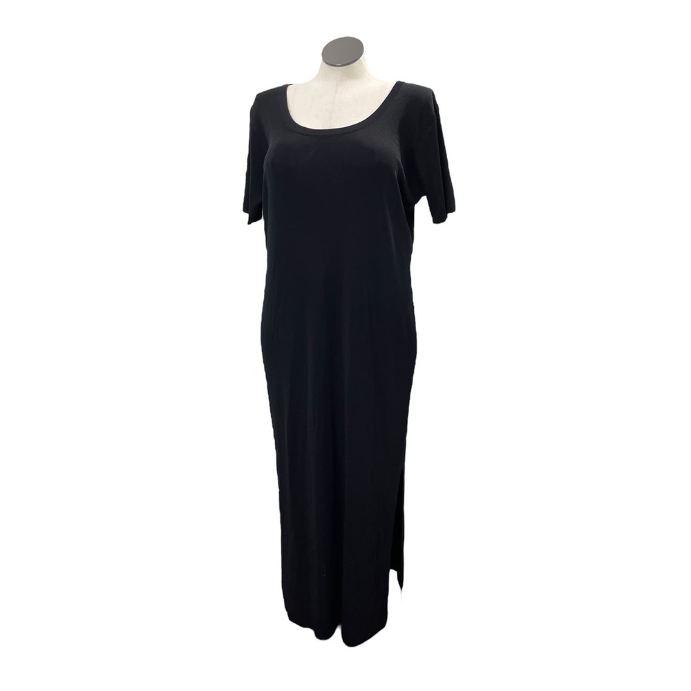 Misook Size XL Dress Jersey Slinky Black Maxi Side Split Short Sleeve Travel